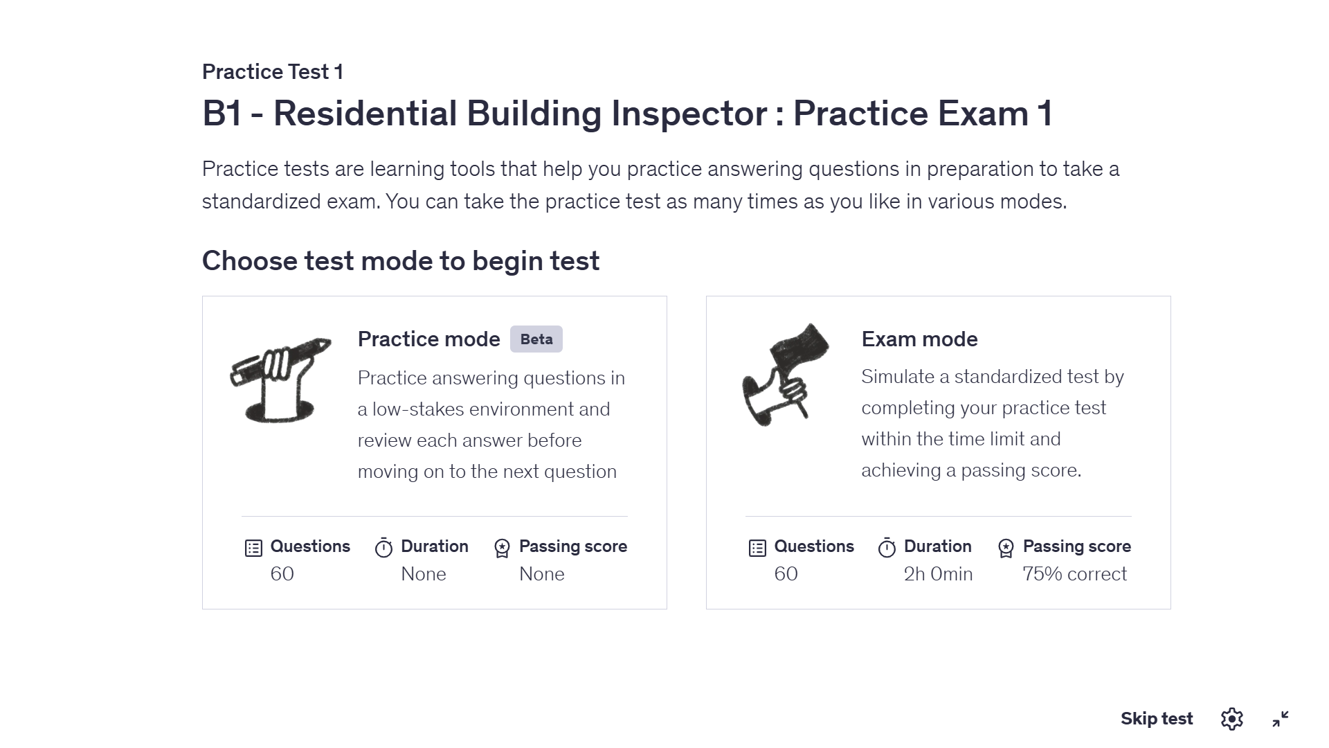 Choose Practice Mode or Exam Mode