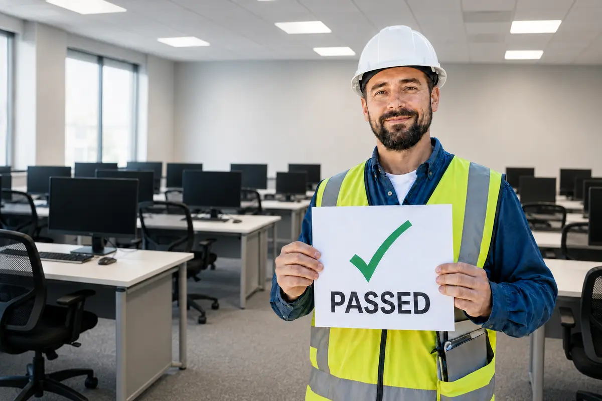 Certified building inspector holding a passed exam sign in a computer testing room